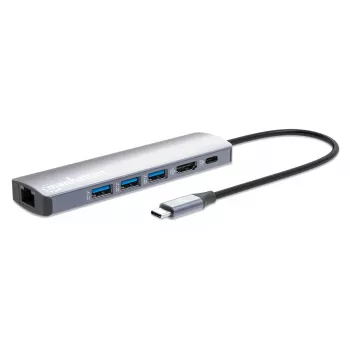 Manhattan USB-C dock/hub, konektory (x6): Ethernet, HDMI, USB-A (x3) a USB-C, s Power Delivery (PD) 100W – vyžaduje externú USB-C nabíjačku (nie je súčasťou dodávky). USB napájaný (nie je potrebný externý napájací zdroj), ak sa PD nepoužíva