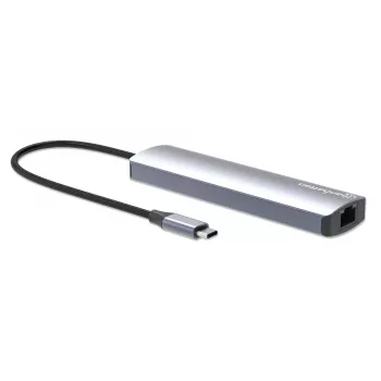 Manhattan USB-C dock/hub, konektory (x6): Ethernet, HDMI, USB-A (x3) a USB-C, s Power Delivery (PD) 100W – vyžaduje externú USB-C nabíjačku (nie je súčasťou dodávky). USB napájaný (nie je potrebný externý napájací zdroj), ak sa PD nepoužíva