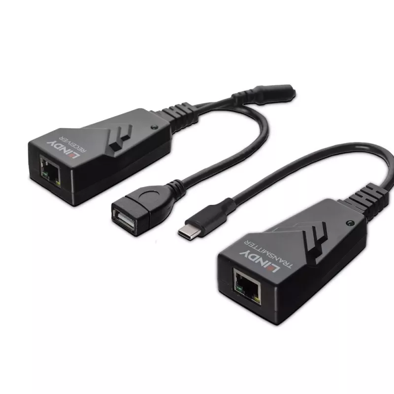 Lindy 100m USB 2.0 Type-C Cat.6 extender, sieťový vysielač a prijímač, 100 m, 480 Mbit/s, Cat5e, Cat6, CH317Q, CH9317, RTL8211E, čierny