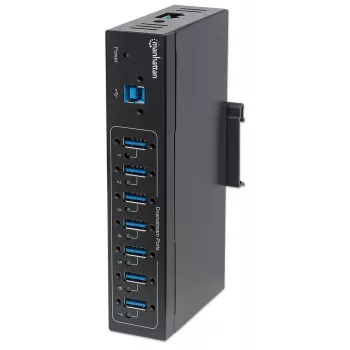 Manhattan USB-A 7-port hub priemyselný, 7x USB-A porty, 5 Gbps (USB 3.2 Gen1 aka USB 3.0), 20 kV ESD ochrana, A/C, možnosti napájania zbernicou a svorkovnicou, DIN lišta, nástenná montáž, kovové puzdro, skrutkovacia poistka