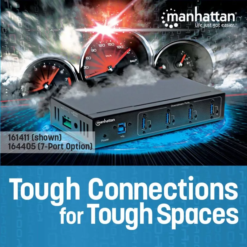 Manhattan USB-A 7-port hub priemyselný, 7x USB-A porty, 5 Gbps (USB 3.2 Gen1 aka USB 3.0), 20 kV ESD ochrana, A/C, možnosti napájania zbernicou a svorkovnicou, DIN lišta, nástenná montáž, kovové puzdro, skrutkovacia poistka