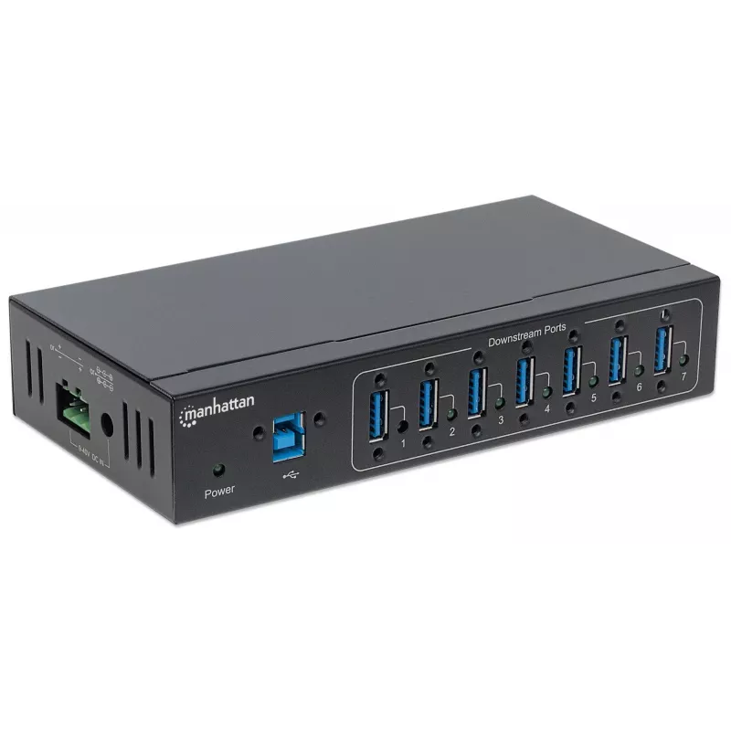 Manhattan USB-A 7-port hub priemyselný, 7x USB-A porty, 5 Gbps (USB 3.2 Gen1 aka USB 3.0), 20 kV ESD ochrana, A/C, možnosti napájania zbernicou a svorkovnicou, DIN lišta, nástenná montáž, kovové puzdro, skrutkovacia poistka