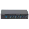 Manhattan USB-A 7-port hub priemyselný, 7x USB-A porty, 5 Gbps (USB 3.2 Gen1 aka USB 3.0), 20 kV ESD ochrana, A/C, možnosti napájania zbernicou a svorkovnicou, DIN lišta, nástenná montáž, kovové puzdro, skrutkovacia poistka