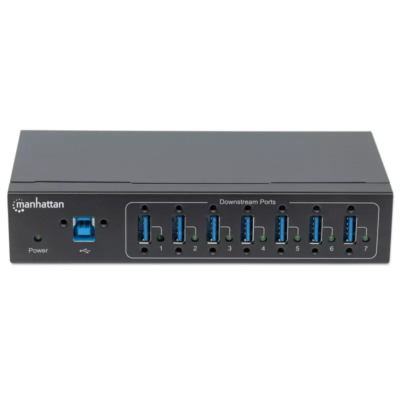 Manhattan USB-A 7-port hub priemyselný, 7x USB-A porty, 5 Gbps (USB 3.2 Gen1 aka USB 3.0), 20 kV ESD ochrana, A/C, možnosti napájania zbernicou a svorkovnicou, DIN lišta, nástenná montáž, kovové puzdro, skrutkovacia poistka
