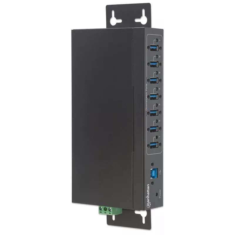 Manhattan USB-A 7-port hub priemyselný, 7x USB-A porty, 5 Gbps (USB 3.2 Gen1 aka USB 3.0), 20 kV ESD ochrana, A/C, možnosti napájania zbernicou a svorkovnicou, DIN lišta, nástenná montáž, kovové puzdro, skrutkovacia poistka