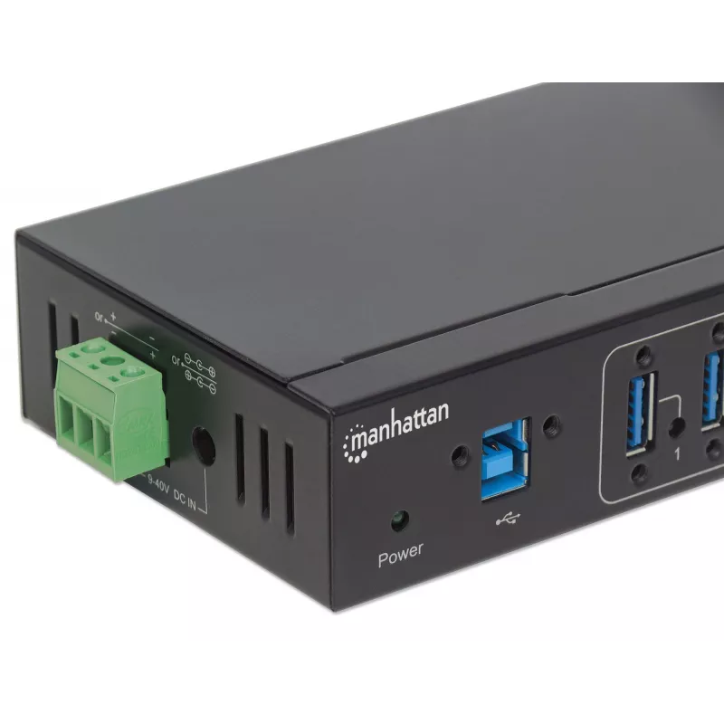 Manhattan USB-A 7-port hub priemyselný, 7x USB-A porty, 5 Gbps (USB 3.2 Gen1 aka USB 3.0), 20 kV ESD ochrana, A/C, možnosti napájania zbernicou a svorkovnicou, DIN lišta, nástenná montáž, kovové puzdro, skrutkovacia poistka