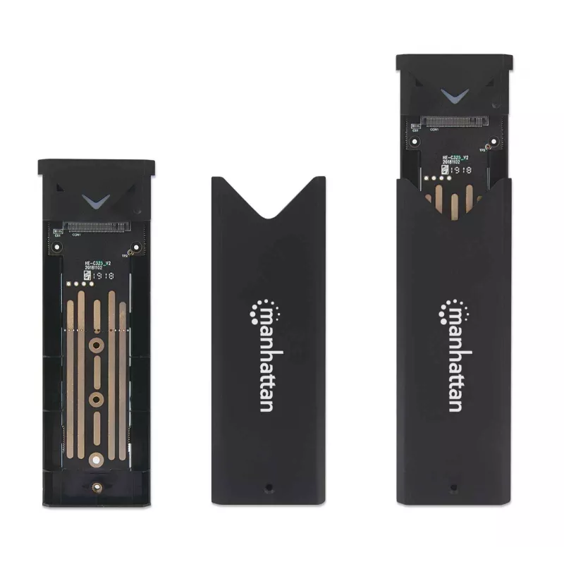 Manhattan M.2 NVMe SSD puzdro, USB-C konektor samica, 10 Gbit/s (USB 3.2 Gen2 alias USB 3.1), UASP kompatibilné, SuperSpeed+ USB, hliník, čierna, trojročná záruka