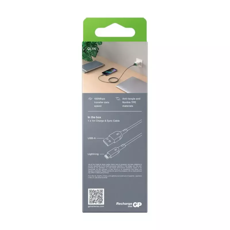 Kábel GP Batteries CL1N 1m Lightning na USB A 12W 2,4A