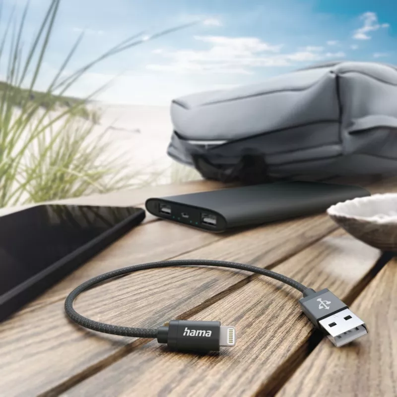 Hama nabíjací kábel, USB-A - Lightning, 0,2 m, nylon, čierny