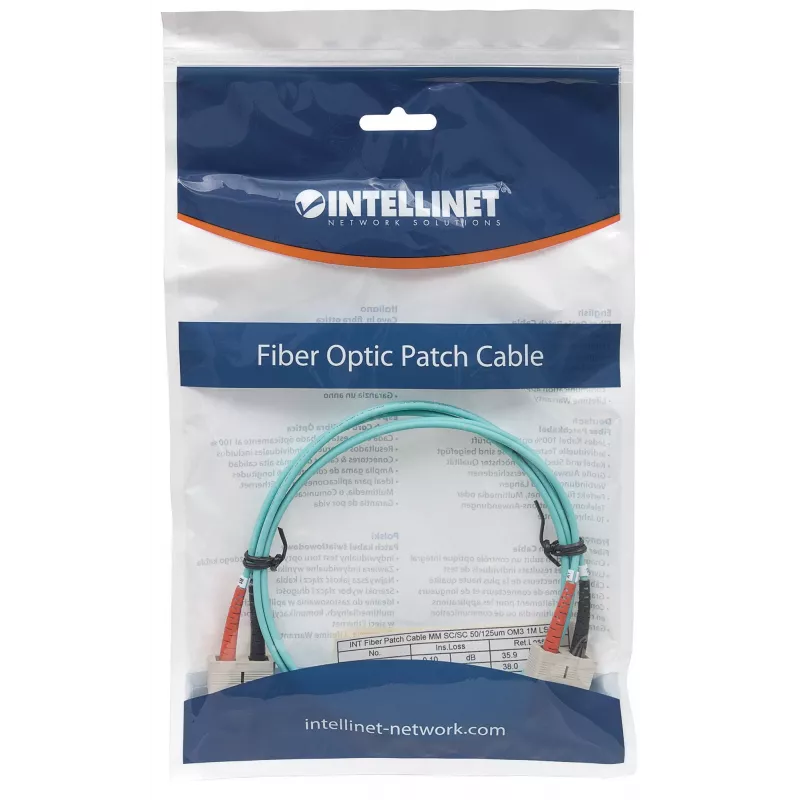 Intellinet optický patch kábel, OM3, SC/SC, 2 m, aqua, duplex, multimode, 50/125 µm, LSZH, sklenené vlákno, doživotná záruka