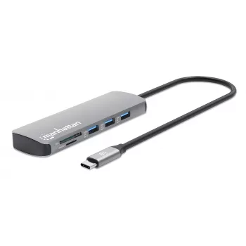 Manhattan USB-C dokovacia stanica/hub s čítačkou kariet, konektory (x7): Ethernet, HDMI, USB-A (x3) a USB-C (x2), s Power Delivery (PD) 100 W – vyžaduje externú USB-C nabíjačku (nie je súčasťou dodávky). Napájané cez USB (bez externého napájacieho zdroja), ak sa PD nepoužíva.