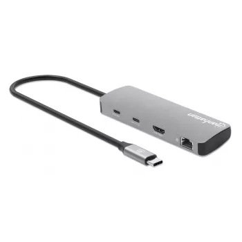 Manhattan USB-C dokovacia stanica/hub s čítačkou kariet, konektory (x7): Ethernet, HDMI, USB-A (x3) a USB-C (x2), s Power Delivery (PD) 100 W – vyžaduje externú USB-C nabíjačku (nie je súčasťou dodávky). Napájané cez USB (bez externého napájacieho zdroja), ak sa PD nepoužíva.