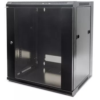 Intellinet 19-palcový sieťový rozvádzač - nástenná montáž (štandard), 15U, hĺbka 450 mm, čierny, ploché balenie, max. 60 kg, kovové a sklenené dvere, zadná stena, odnímateľné bočnice, vhodný aj na použitie na stole alebo podlahe, využiteľná hĺbka 260 mm až 350 mm, T