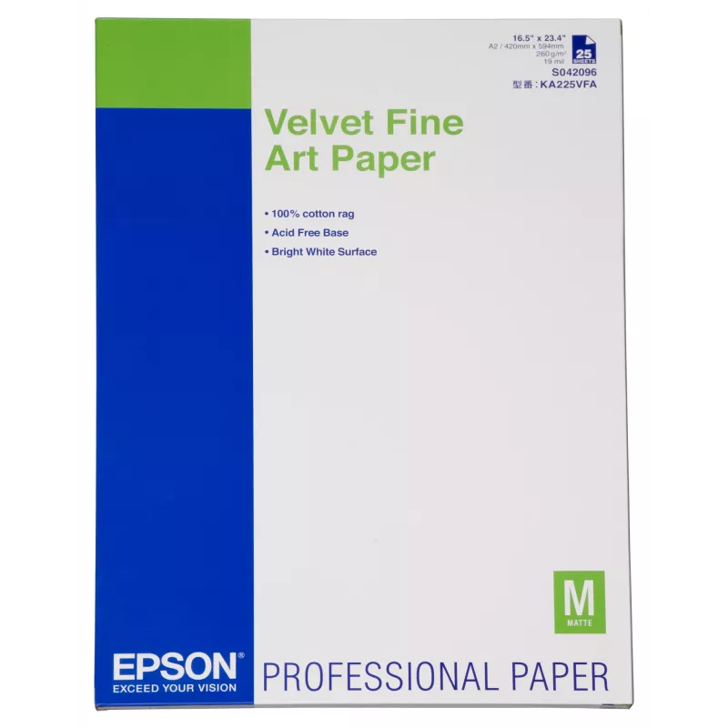 Epson Velvet Fine Art papier, DIN A2, 260 g/m², 25 listov, 42 cm, matný, 480 µm, 260 g/m²