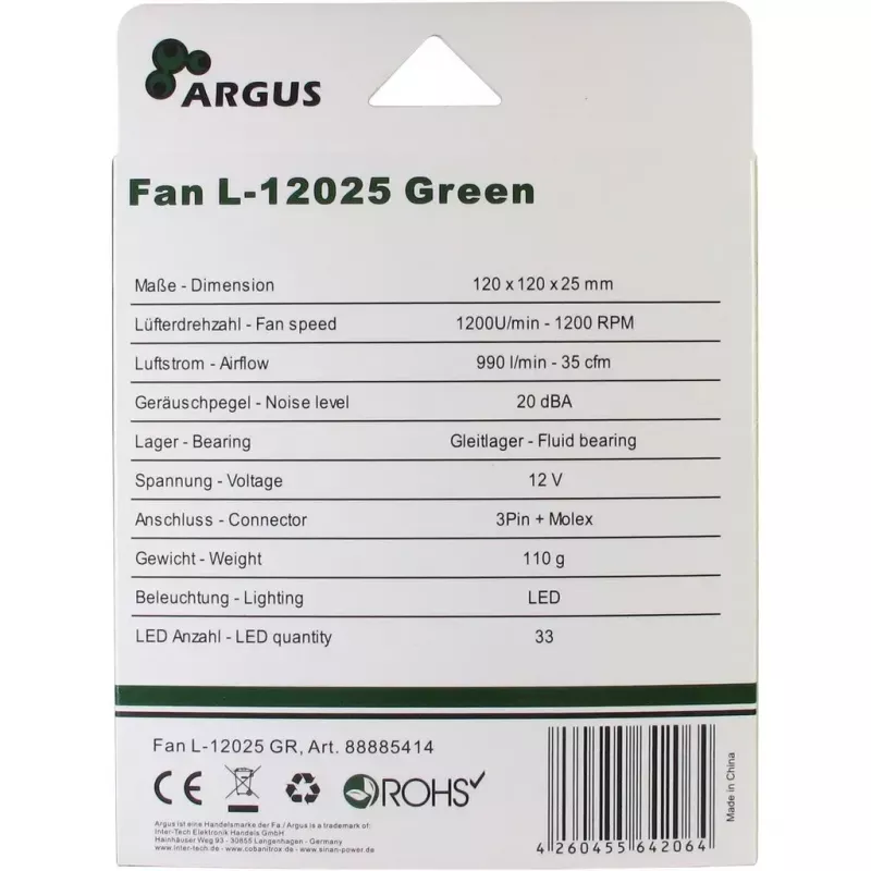 Ventilátor Inter-Tech L-12025 počítačový ventilátor skrine 12 cm čierny zelený