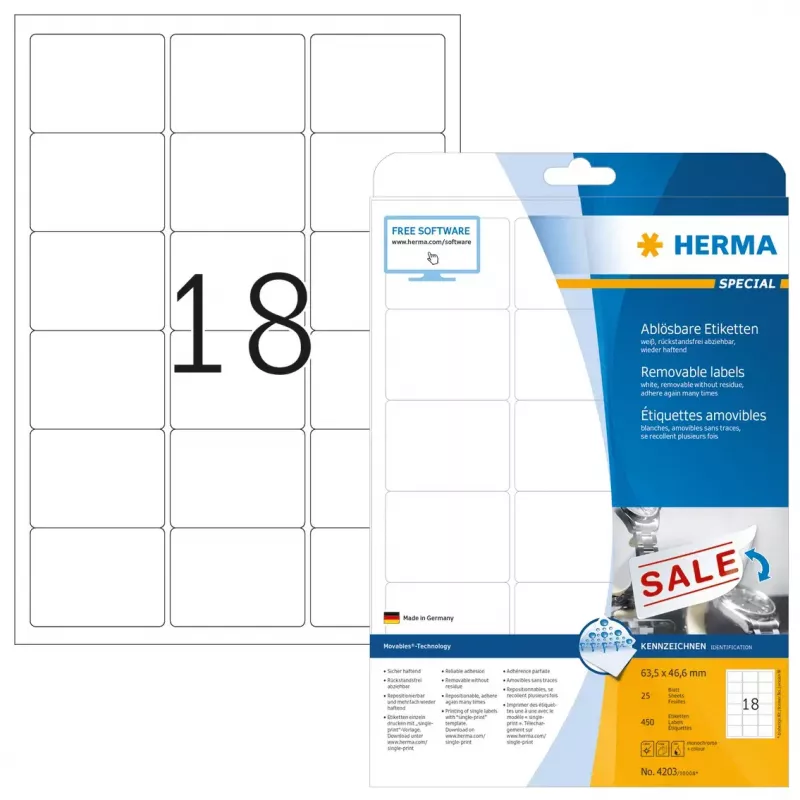 Odnímateľné etikety HERMA A4 63,5x46,6 mm biela odnímateľné 450 ks