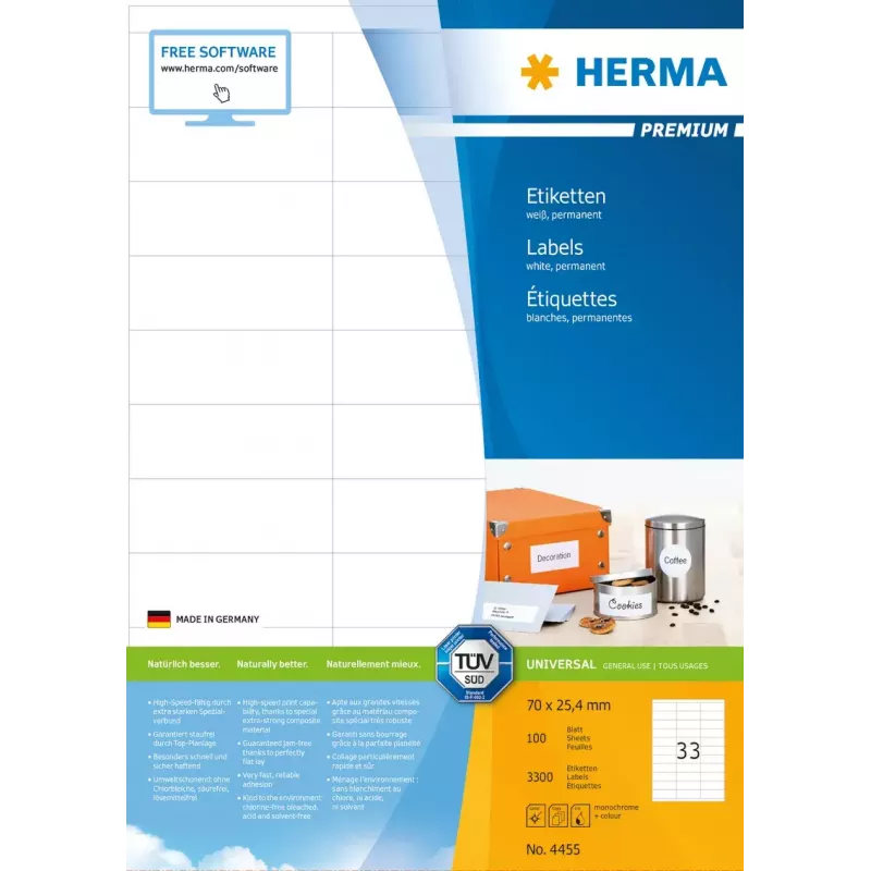 Samolepiace etikety do tlačiarne HERMA Labels Premium A4 70x25.4 mm