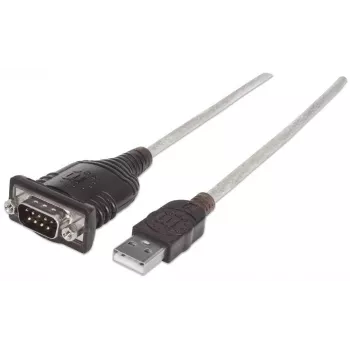 Manhattan USB-A na sériový prevodníkový kábel, 1,8 m, konektor samec na konektor samec, sériový/RS232/COM/DB9, čip Prolific PL-2303RA-C, čierny/strieborný kábel, trojročná záruka