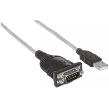 Manhattan USB-A na sériový prevodníkový kábel, 1,8 m, konektor samec na konektor samec, sériový/RS232/COM/DB9, čip Prolific PL-2303RA-C, čierny/strieborný kábel, trojročná záruka