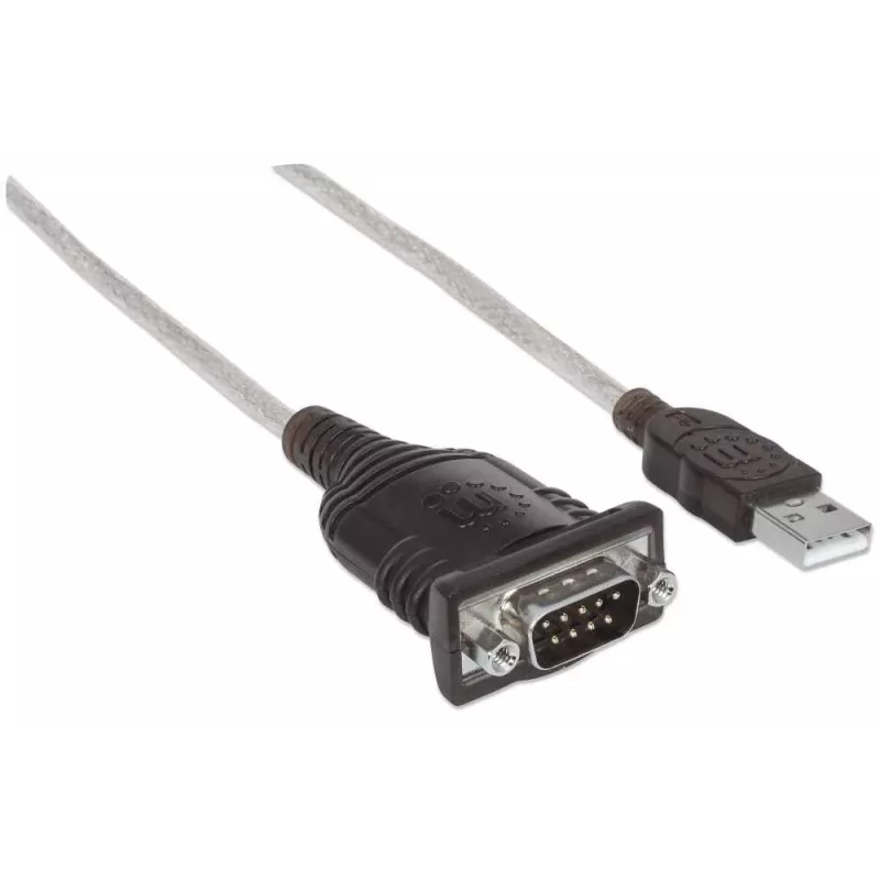 Manhattan USB-A na sériový prevodníkový kábel, 1,8 m, konektor samec na konektor samec, sériový/RS232/COM/DB9, čip Prolific PL-2303RA-C, čierny/strieborný kábel, trojročná záruka