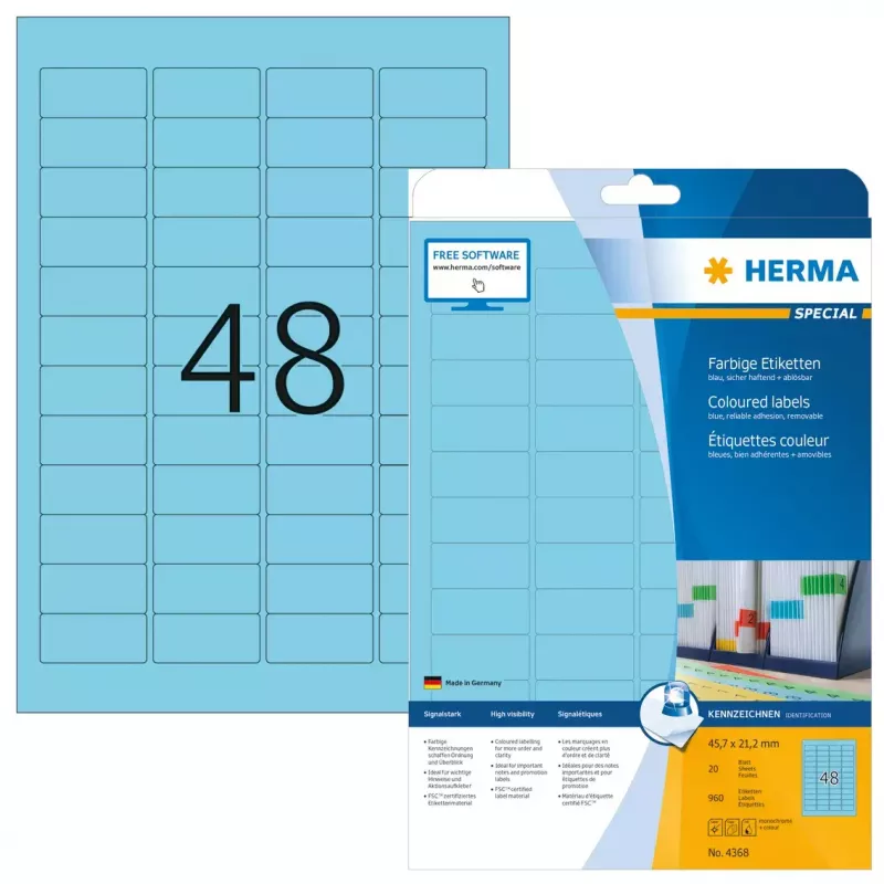 Samolepiace etikety do tlačiarne HERMA Coloured Labels A4 45,7x21,2 mm modré