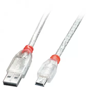 Lindy 5m USB 2.0 kábel - Type-A na Mini-B, transparentný, 5 m, USB A, Mini-USB B, USB 2.0, 0,48 Gbit/s, transparentný