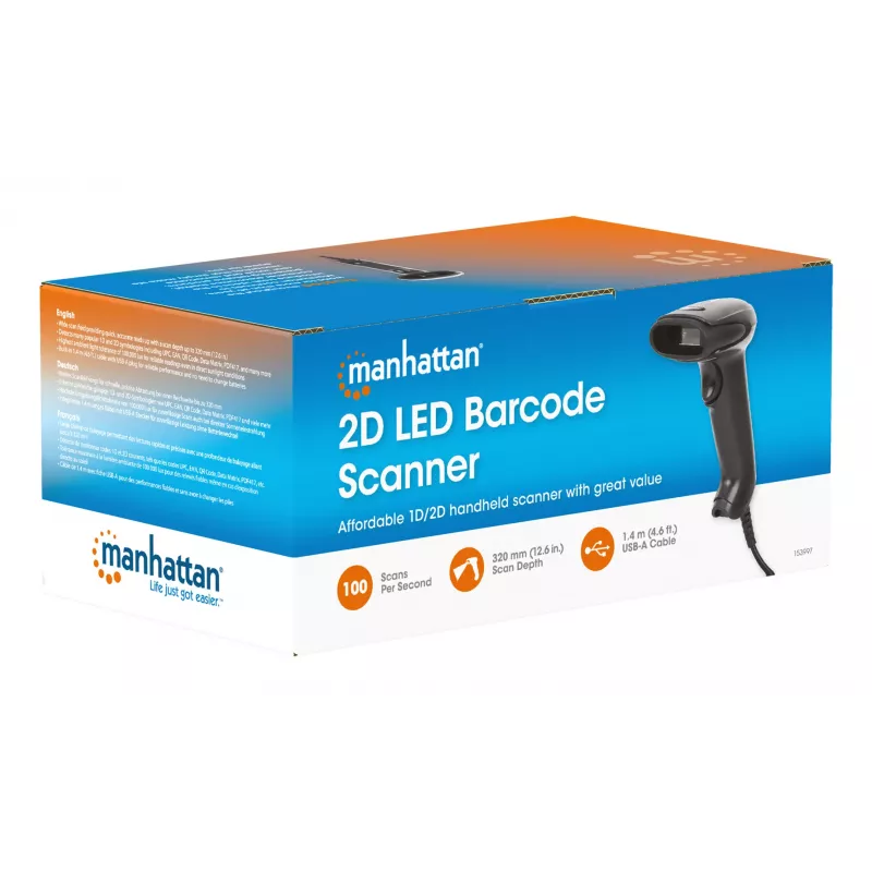 Manhattan 2D LED ručný čítač čiarových kódov 153997, USB-A, dosah skenovania 320 mm, kábel 1,4 m, čierny