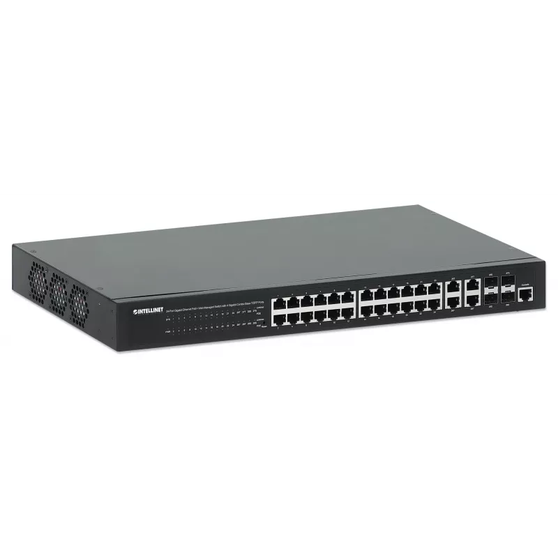 Intellinet 24-portový Gigabit Ethernet PoE+ Web-Managed switch so 4 Gigabit Combo Base-T/SFP portami, IEEE 802.3at/af Power over Ethernet (PoE+/PoE) kompatibilný, 370 W, Endspan, 19 inch rackmount