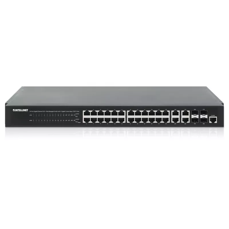Intellinet 24-portový Gigabit Ethernet PoE+ Web-Managed switch so 4 Gigabit Combo Base-T/SFP portami, IEEE 802.3at/af Power over Ethernet (PoE+/PoE) kompatibilný, 370 W, Endspan, 19 inch rackmount