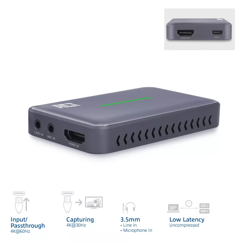 ACT USB-C video capture karta, HDMI 4K@60Hz priechod, 4K@30Hz nahrávanie