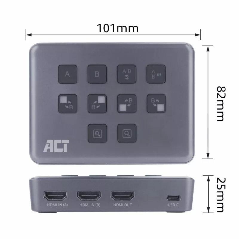ACT Dual HDMI vstup USB-C video prepínač 60Hz sivá