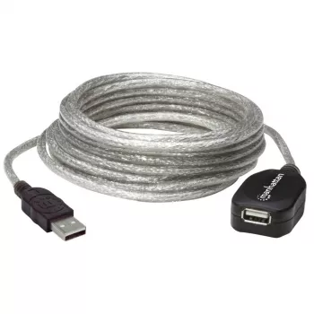Manhattan USB-A na USB-A predlžovací kábel, 5 m, konektor samec na konektor samica, aktívny, transparentný strieborný, 480 Mbit/s (USB 2.0), kaskádovateľný, integrovaný repeater, Hi-Speed USB, trojročná záruka