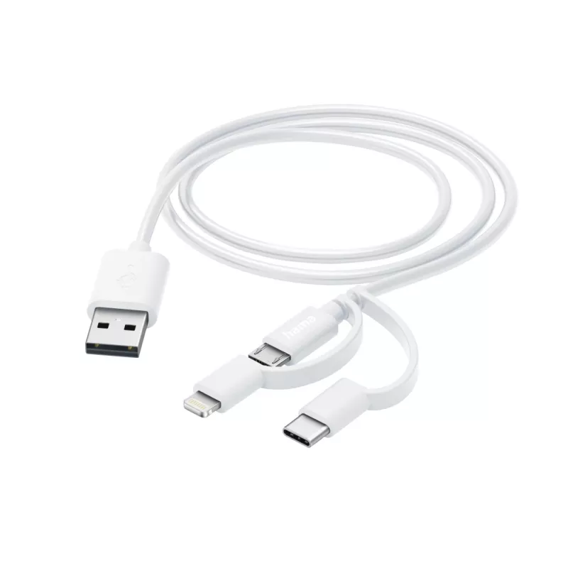 Hama 3-in-1 multi nabíjací kábel, USB-A – Micro-USB, USB-C a Lightning, 1,0 m, biely