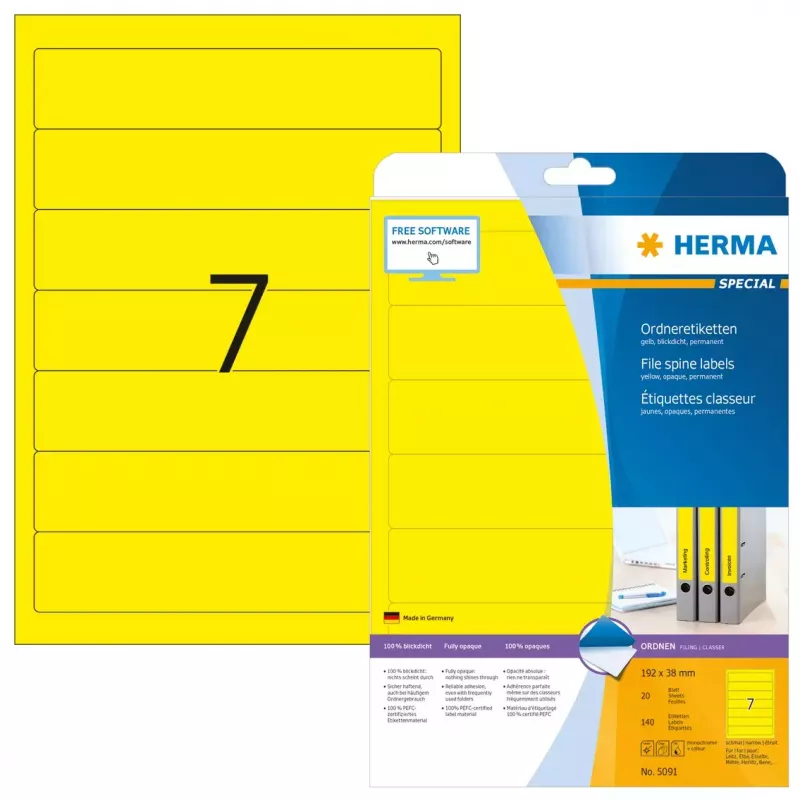 HERMA 5091 Štítky na zakladače A4 192 x 38 mm, žlté, 175 ks (25 hárkov x 7)