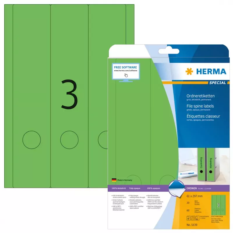 Etikety na spisy HERMA A4 61x297 mm zelená papier matný nepriehľadný 60 ks