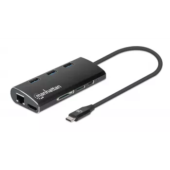 Manhattan USB-C dokovacia stanica/hub s čítačkou kariet, konektory (x6): Ethernet, HDMI, USB-A (x3) a USB-C, s Power Delivery (100 W) na USB-C konektor (poznámka: vyžaduje sa dodatočný USB-C napájací zdroj a USB-C kábel), univerzálny pre všetky zariadenia, hliník, zodpovedá DKT30CSDHPD3