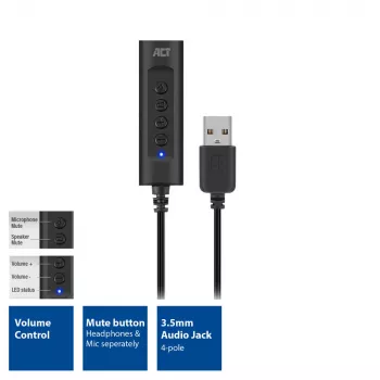 ACT AC9360 zvuková karta USB 3,5 mm slúchadlový konektor 4 tlačidlá