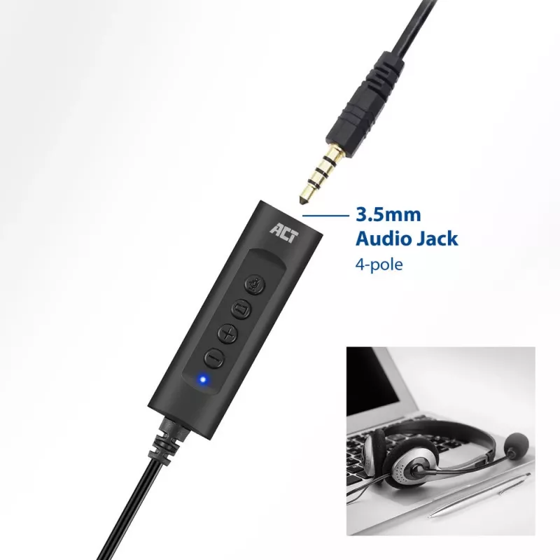 ACT AC9360 zvuková karta USB 3,5 mm slúchadlový konektor 4 tlačidlá