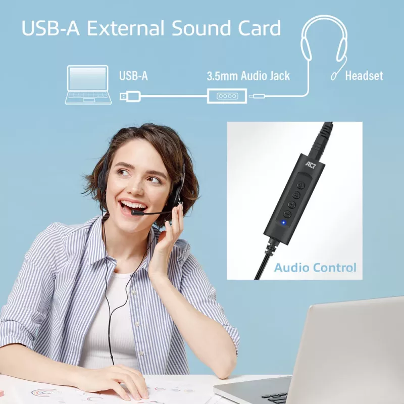 ACT AC9360 zvuková karta USB 3,5 mm slúchadlový konektor 4 tlačidlá