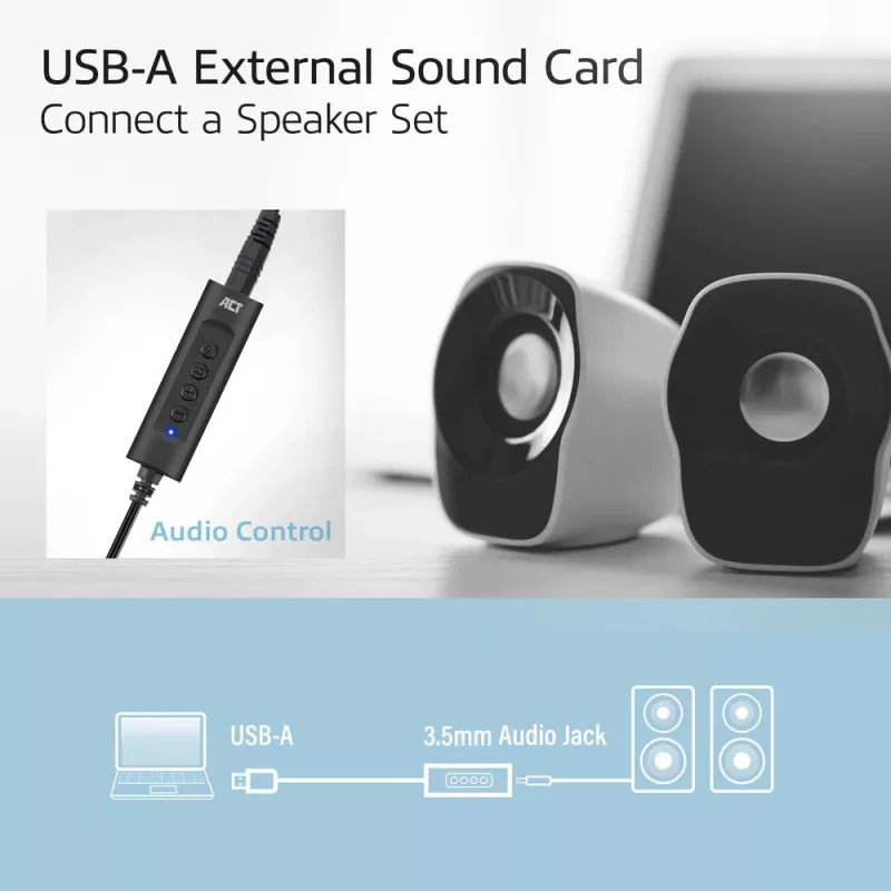 ACT AC9360 zvuková karta USB 3,5 mm slúchadlový konektor 4 tlačidlá