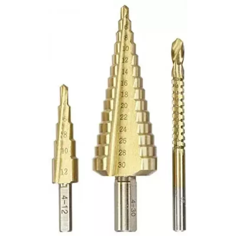kwb 525890 Sada stupňovitých vrtákov s frézovacím vrtákom, 3 ks, 4-12 mm / 4-30 mm / 6 mm, HSS TiN