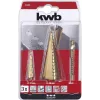 kwb 525890 Sada stupňovitých vrtákov s frézovacím vrtákom, 3 ks, 4-12 mm / 4-30 mm / 6 mm, HSS TiN