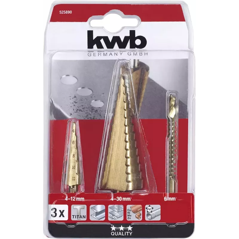 kwb 525890 Sada stupňovitých vrtákov s frézovacím vrtákom, 3 ks, 4-12 mm / 4-30 mm / 6 mm, HSS TiN