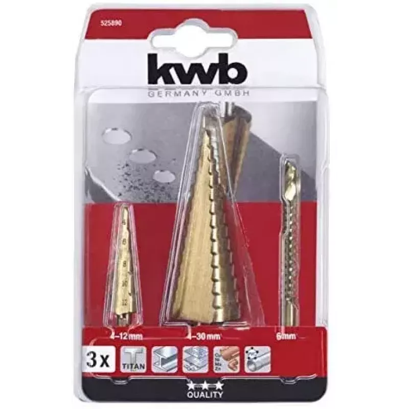 kwb 525890 Sada stupňovitých vrtákov s frézovacím vrtákom, 3 ks, 4-12 mm / 4-30 mm / 6 mm, HSS TiN