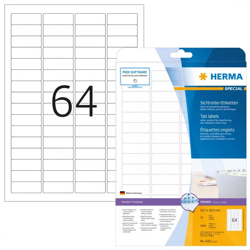 HERMA etikety so záložkami A4 45,7x16,9 mm biela Movables 1600 ks