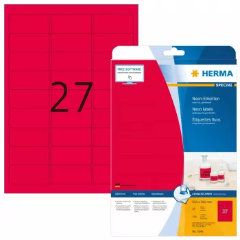 Samolepiace etikety do tlačiarne HERMA neonové etikety A4 63,5x29,6 mm žiarivo červené 540 kusov
