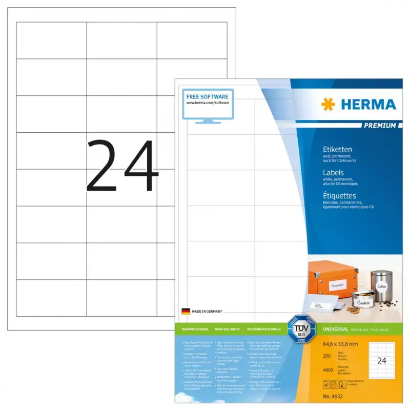 Etikety HERMA Premium A4 64,6x33,8 mm biela papier matný 4800 ks