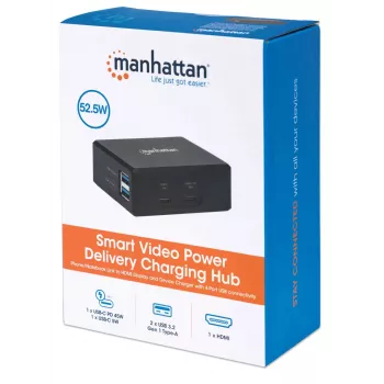 Manhattan Smart Video Multiport Dock, konektory (x5): HDMI konektor, USB-A (x2), USB-C (x2), s Power Delivery pre USB-C konektor, interné napájanie, ultrakompaktný, odnímateľný napájací kábel, čierna, trojročná záruka, maloobchodná krabica