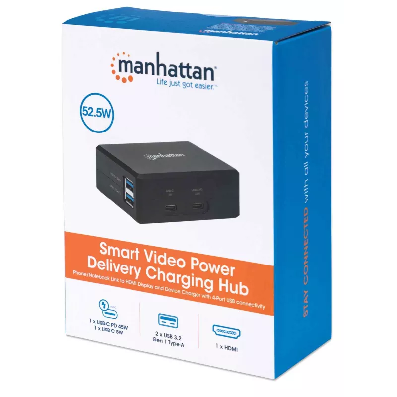 Manhattan Smart Video Multiport Dock, konektory (x5): HDMI konektor, USB-A (x2), USB-C (x2), s Power Delivery pre USB-C konektor, interné napájanie, ultrakompaktný, odnímateľný napájací kábel, čierna, trojročná záruka, maloobchodná krabica