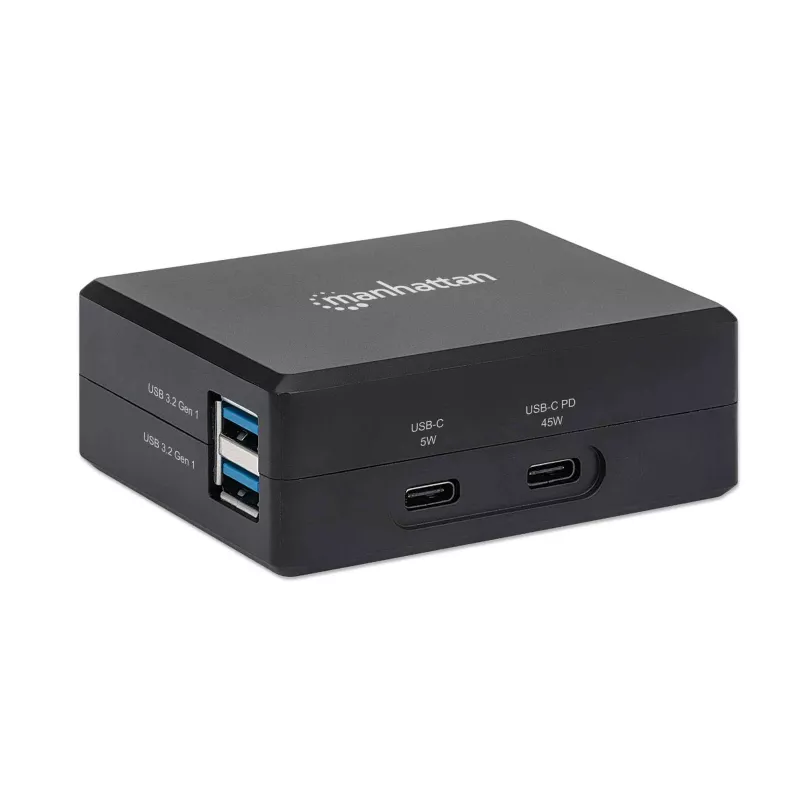 Manhattan Smart Video Multiport Dock, konektory (x5): HDMI konektor, USB-A (x2), USB-C (x2), s Power Delivery pre USB-C konektor, interné napájanie, ultrakompaktný, odnímateľný napájací kábel, čierna, trojročná záruka, maloobchodná krabica